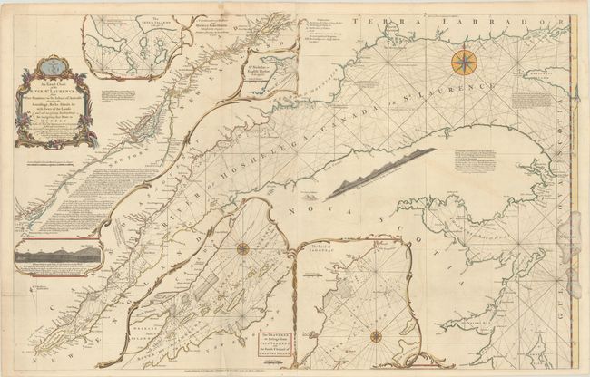 An Exact Chart of the River St. Laurence, from Fort Frontenac to the Island of Anticosti Shewing the Soundings, Rocks, Shoals &c. with Views of the Lands...