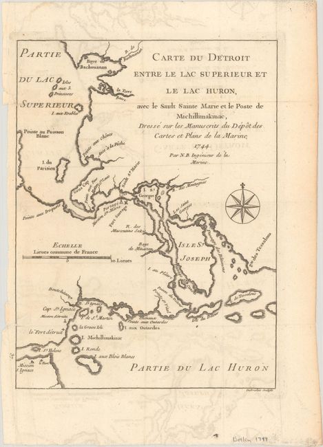 Carte du Detroit Entre le Lac Superieur et le Lac Huron, avec le Sault Sainte Marie et le Poste de Michillimakinac...