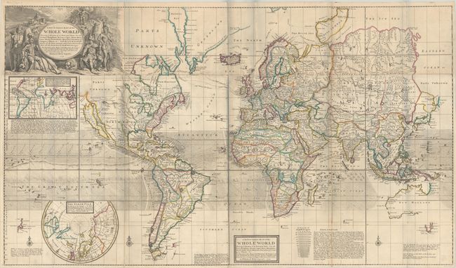 A New & Correct Map of the Whole World Shewing ye Situation of Its Principal Parts. Viz the Oceans, Kingdoms, Rivers, Capes, Ports, Mountains, Woods, Trade-Winds, Monsoons, Variation of ye Compass...