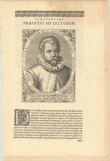 [Portrait of Linschoten] Sovfrir pour Parvenir Ioannes Hugonis a Linschoten Haerlemensis Aeta 35 Ao 1598
