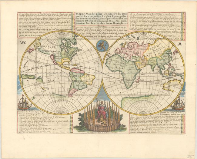 Mappe-Monde pour Connoitre les Progres & les Conquestes les Plus Remarquables des Provinces-Unies, Ainsy que Celles des Compagnies d'Orient et d'Occident...