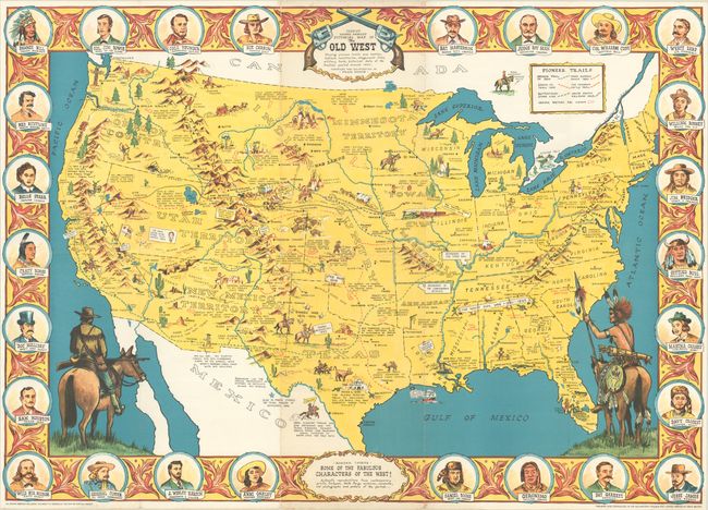 Sheriff Danny Arnold's Pictorial Map of the Old West Showing Pioneer Trails and Battles, Indian's Territories, Stagecoach Lines, Military Forts, Historical Data of the Frontier Period Around 1840