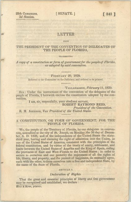 [Florida Constitution] Letter from the President of the Convention of Delegates of the People of Florida, Transmitting a Copy of the Constitution or Form of Government for the People of Florida