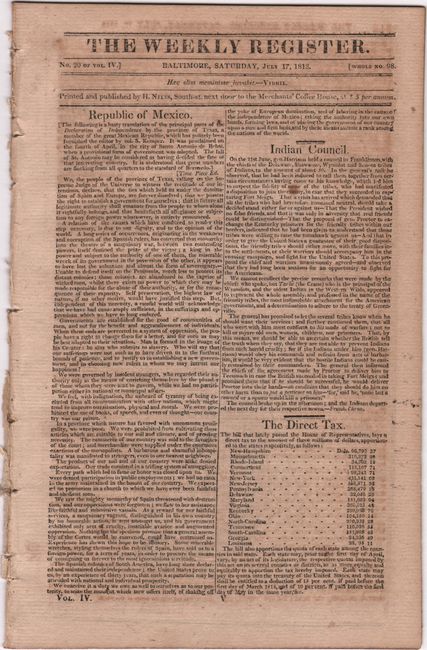 [First Texas Revolution] The Weekly Register. No. 20 of Vol. IV