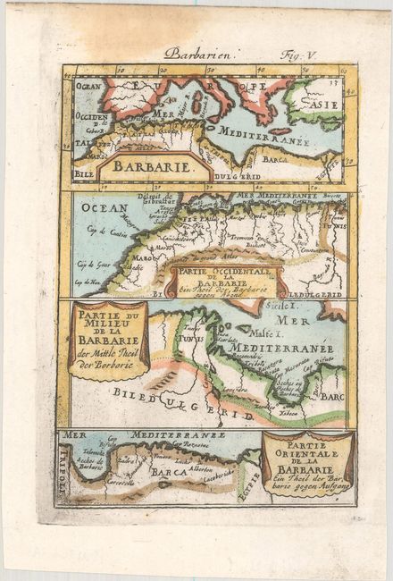 [Lot of 3] Barbarie [on sheet with] Partie Occidentale de la Barbarie [and] Partie du Milieu de la Barbarie [and] Partie Orientale de la Barbarie [and] Barbaria [and] Cotes de Barbarie ou les Royaumes de Maroc de Fez d'Alger de Tunis et de Tripoli