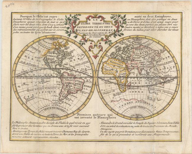 Le Globe Terrestre Represente en Deux Plans-Hemispheres Dressee sur les Observations de Mrs. de l'Academie Royale des Sciences