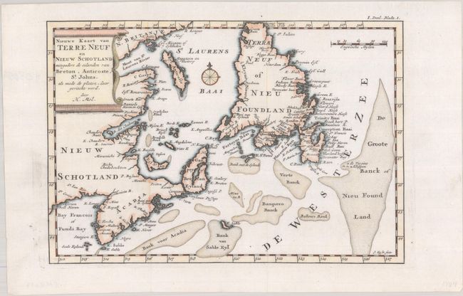 Nieuwe Kaart van Terre Neuf en Nieuw Schotland Mitsgaaders de Eilanden van Breton, Anticoste, St. Johns, als mede de Platen, daar Gevischt Word