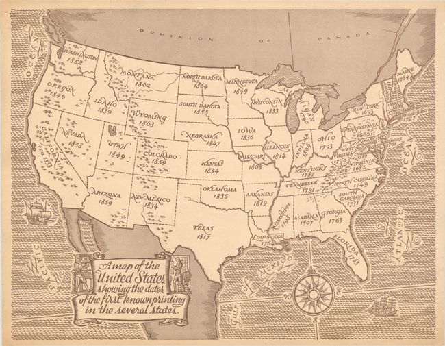 A Map of the United States Showing the Dates of the First Known Printing in the Several States