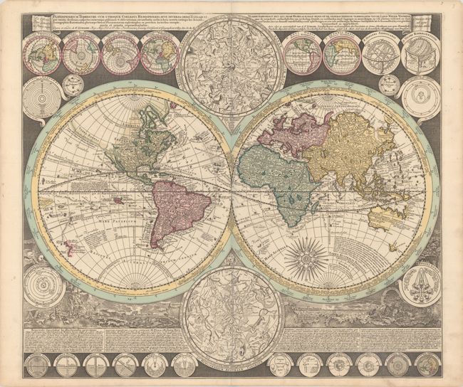 Planisphaerium Terrestre cum Utroque Coelesti Hemisphaerio, sive Diversa Orbis Terraquei... / Vlakke Aard-Kloot met het Beide Hemelsch Half-Rond, of de Onderscheidene Verbeelding van de Land-Water-Waereld