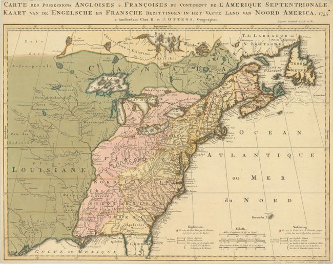 Carte des Possessions Angloises & Francoises du Continent de l'Amerique Septentrionale / Kaart van de Engelsche en Fransche Bezittingen in het Vaste Land van Noord America