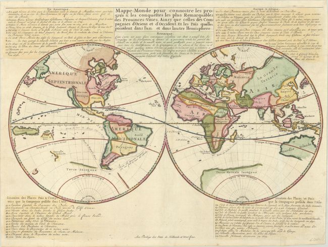 Mappe-Monde pour Connoitre les Progres & les Conquestes les Plus Remarquables des Provinces-Unies, Ainsy que Celles des Compagnies d'Orient et d'Occident...