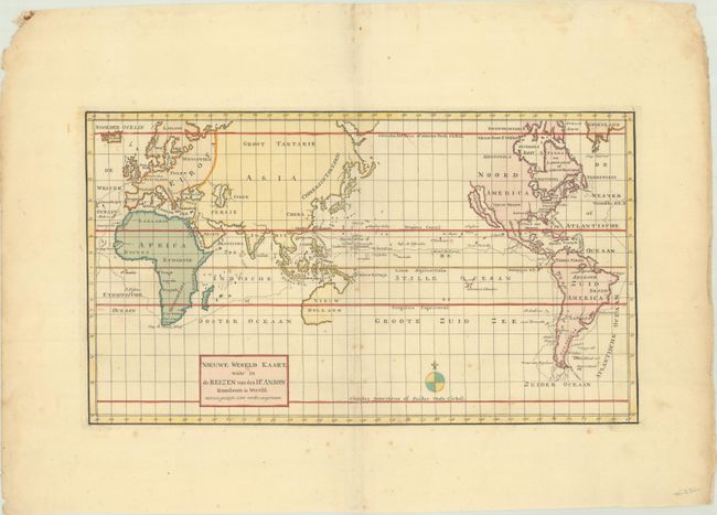 Nieuwe Wereld Kaart, waar in de Reizen van den Hr. Anson Rondsom de Wereld met een Gestipte Linie Worden Aangewezen