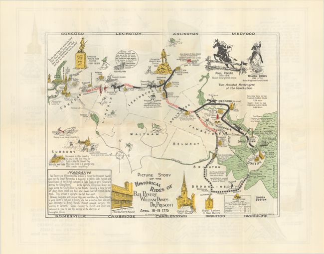 Picture Story of the Historical Rides of Paul Revere, William Dawes Dr. Prescott April 18-19, 1775 [on verso] Boston from 1630...