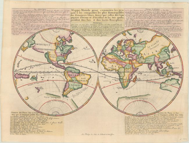 Mappe-Monde pour Connoitre les Progres & les Conquestes les Plus Remarquables des Provinces-Unies, Ainsy que Celles des Compagnies d'Orient et d'Occident...
