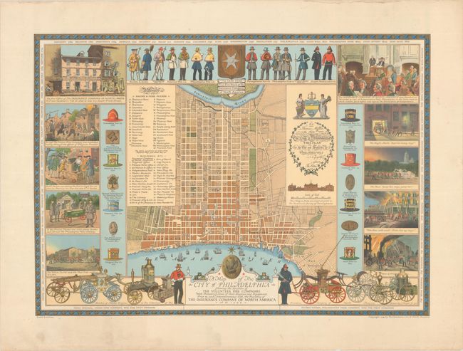 A Map of the City of Philadelphia Showing the Location of the Volunteer Fire Companies with Pictures of Some of Their Engines and Equipment...