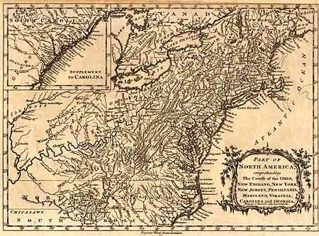 Part of North America, comprehending The Course of the Ohio, New England, New York, New Jersey, Pensilvania, Maryland, Virginia, Carolina and Georgia.  From the Sr. Robert, with Improvements