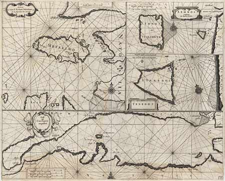 Paskaarte van't Eylant Metelino [on sheet with] Golf van Constantinopolen [and] Tenedos [and] Lemnos