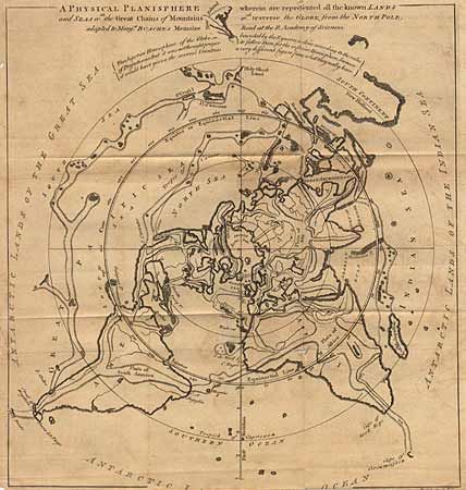 A Physical Planisphere wherein are represented all the known Lands and Seas in the Great Chains of Mountains w'ch traverse the Globe, from the North Pole adapted to Mons. Buache's Memoire