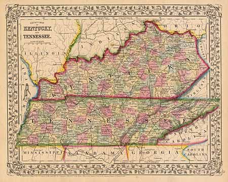 County Map of Kentucky and Tennessee