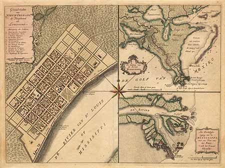 Grondvlakte van Nieuw Orleans, de Hoosdstad van Louisiana [on sheet with] De Uitloop van de Rivier Missisippi [and] De Oostelyke Ingang van de Missisippi, met een Plan van het Fort, 't Welk het Kanaal Beheerscht