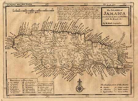 The Island of Jamaica Divided into its Principal Parishes with the Roads &c.