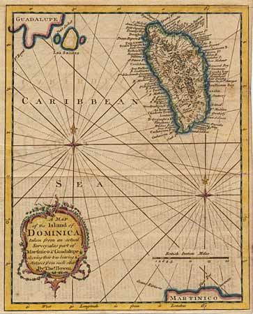 A Map of the Island of Dominica taken from an actual Survey, also part of Martinico & Guadalupe shewing their true bearing & distance from each other