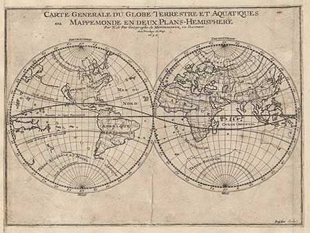 Carte Generale du Globe Terrestre et Auqatiques ou Mappemonde en Deux Plans-Hemispheres