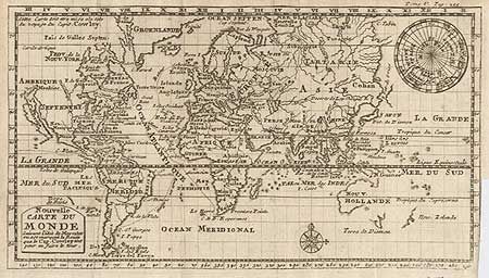 Nouvelle Carte du Monde Suivant l'idee de Mercator ou est marquee la Toure que le Cap. Cowley tint pour en faire le tour