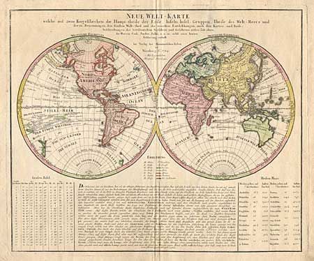 Neue Welt-Karte Welche auf Zwoo Kugelslaschen die Haupt Theile der Erde