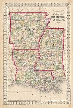 County Map of the States of Arkansas, Mississippi and Louisiana