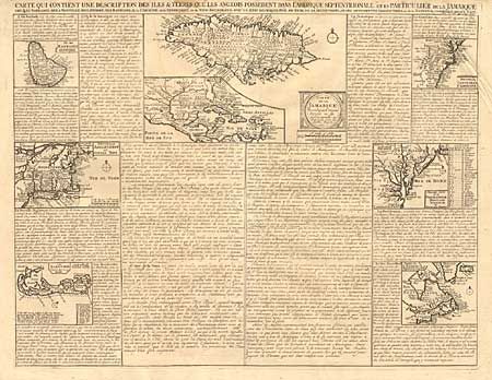 Carte qui contient une description des Iles & Terres qui les Anglois possedent dans l' Amerique Septentrionale, et en Particulier de la Jamaique