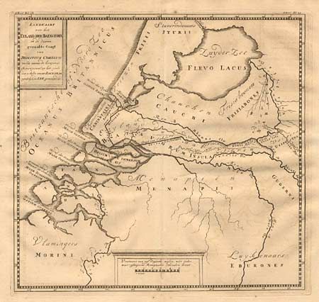 Landkaart van het Eyland der Batavieren en de daarin gemaakte Gragt van Domitius Corbulo