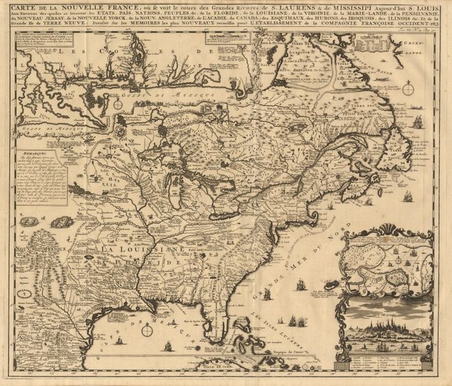 Carte de la Nouvelle France, ou se voit le cours des Grandes Rivieres de S. Laurens & de Mississipi aujour d'hui S. Louis, Aux Environs desquelles se trouvent les Etats, Pays, Nations, Peuples & c