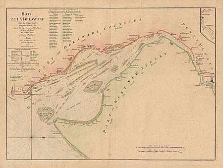 Bay de la Delaware Avec les Ports, Sondes, Dangers, Bancs. &c. depuis les Caps, Jusqu'q Philadelphie de'Apres la Carte de Joshua Fisher publiee a Philadelphie