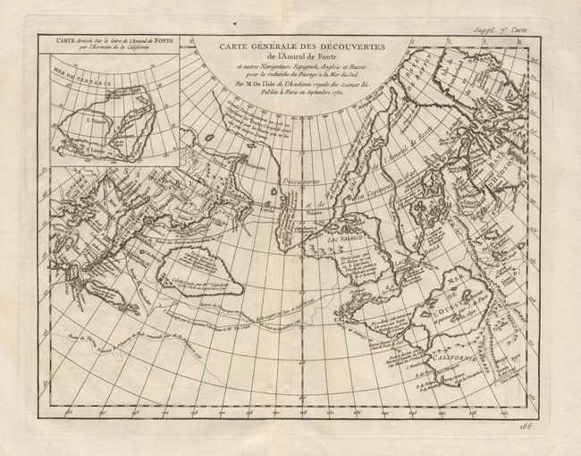 Carte Generale des Decouvertes de l'Amiral de Fonte et autres Navigateurs Espagnols, Anglois et Russes pour la recherche du Passage a la Mer du Sud Par M. De I'Lsle de l'Acadmie royale des Sciences &c. Publiee a Paris en Septembre 1752