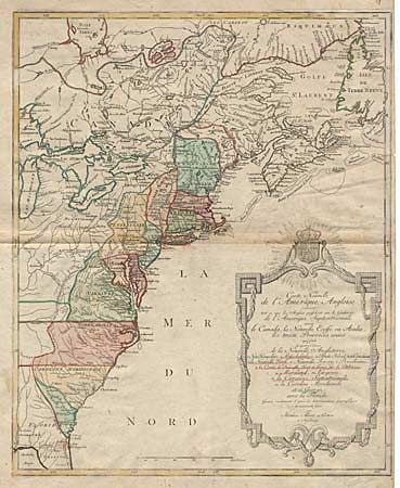 Carte Nouvelle de l' Amerique Angloise contenat tout ce que les Anglois possedent sur le Continent de l' Amerique Septentrionale Savoir le Canada, La Nouvelle Ecosse ou Acadie, les treize Provinces unies..