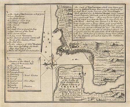 An Exact Draught of the Castle of San Lorenzo Village & River of Chagre With the Situation of Adml Vernon's Ships in ye Attack of the Fort March 24, 1740