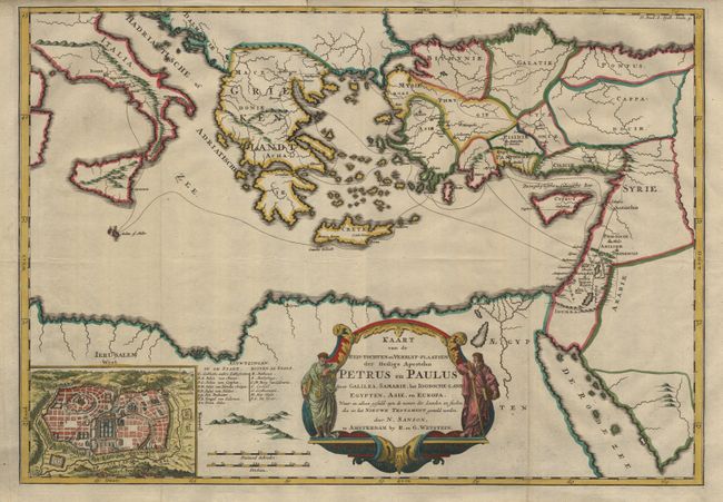 Kaart van de Reis-Tochten en Verblyf-Plaatsen der Heilige Apostelen Petrus en Paulus door Galilea, Samarie, het Joodsche-Land, Egypten, Asie, en Europa 