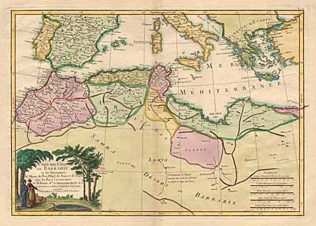 Carte des Ctes de Barbarie ou les Royaumes de Maroc, de Fez, d' Alger, de Tunis, et de Tripoli avec les Pays Crrconvoisins