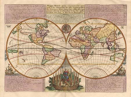 Mappe-Monde pour connoitre les progres & les conquestes les plus Remarquables des Provinces-Unies, Ainsy que selles des Compagnies d' Orient et d' Occident, Et les Pais quelles possedent dans l' un et dans l' autre Hemisphere