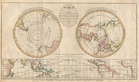 The World in three sections describing the Polar Regions to the Tropics with all the tracks of Lord Mulgrave and Captain Cook towards the North and South Poles and the Torrid Zone or Tropical Regions with the New Discoveries in the South Sea