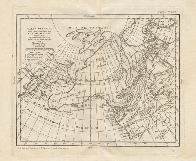 Carte Generale des descouverte de l'Amiral  de Fonte representant la grande probabilite d'un Passage au Nord Ouest par Thomas Jefferys Geographe de Roi a Londres 1768