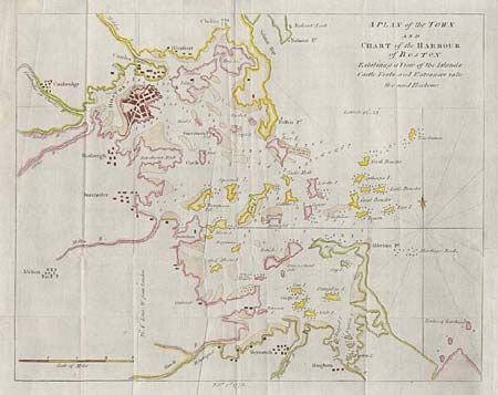 A Plan of the Town and Chart of the Harbour of Boston Exhibiting a View of the Islands castle Forts and Entrances into the said Harbour