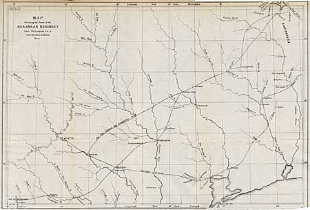 Map showing the route of the Arkansas Regiment from Shreveport, Louisiana to San Antonio de Bexar, Texas