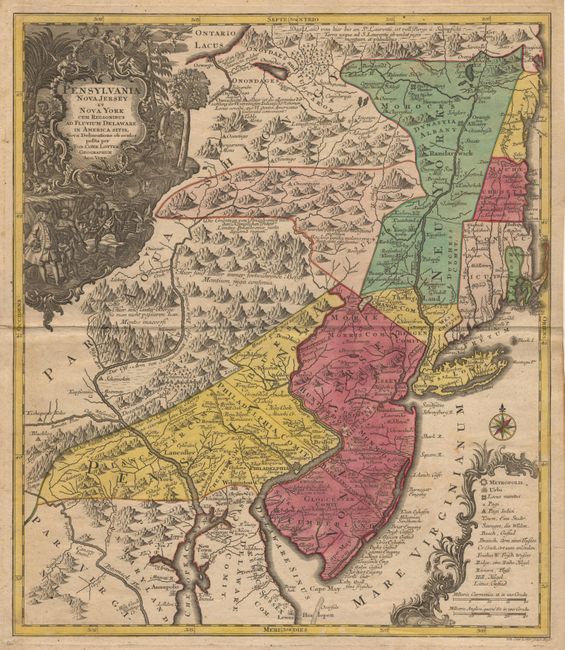Pensylvania Nova Jersey et Nova York cum Regionibus Ad Fluvium Delaware in America Sitis, Nova Delineatone ob oculos polita per