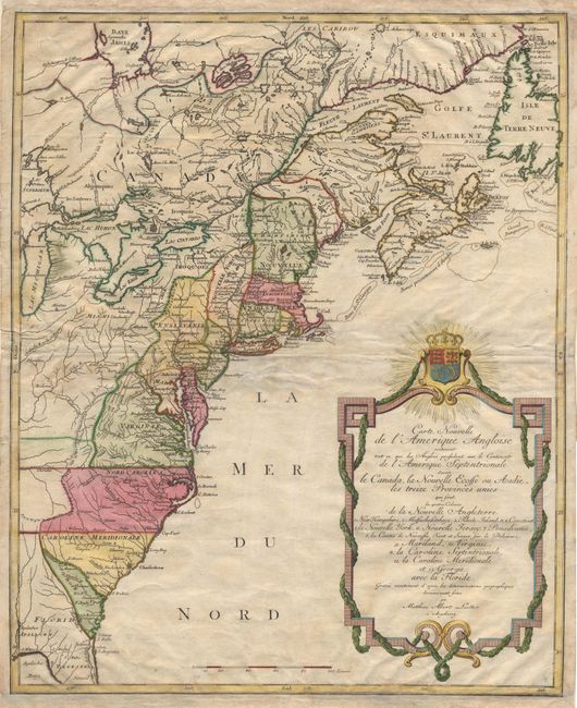 Carte Nouvelle de l' Amerique Angloise contenant tout ce que Anglois possedent sur le Continent de l' Amerique Septentrionale Savoir le Canada, la Nouvelle Ecosse ou Acadie, les treize Provinces unies..