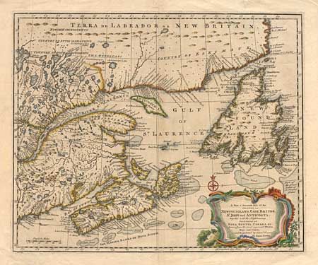 A New & Accurate Map of the Islands of Newfoundland, Cape Briton, St. John and Anticosta; together with the Neighbouring Countries of Nova Scotia, Canada & c. Drawn from the most approved Modern Maps and Charts and Regulated by Astron. Observations