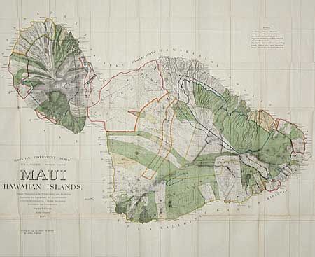 Maui Hawaiian Islands.  Primary Triangulation by W.D. Alexander and S.E. Bishop. Boundaries and Topography by W.D. Alexander, C.J. Lyons, M.D. Monsarrat, F.S. Dodge, S.E. Bishop, E.D. Baldwin, W.R. Lawrence.  Map by F.S. Dodge. Scale 1:60000. 1885.