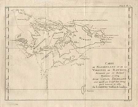 Carte de Maidenland ou de la Virginie de Hawkins, decouverte par Sir Richard Hawkins en 1574 et du Canal Falkland ainsi appelle par le Cap.ne Jean Strong qui le traverse en 1689