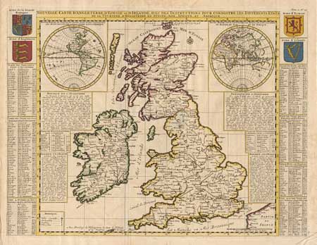 Nouvelle Carte D' Angleterre, D' Ecosse et D' Irlande, Avec des Instructions pur connoitre les differents Etats de la Couronne, d' Angleterre en Europe, Asie, Afrique, et Amerique